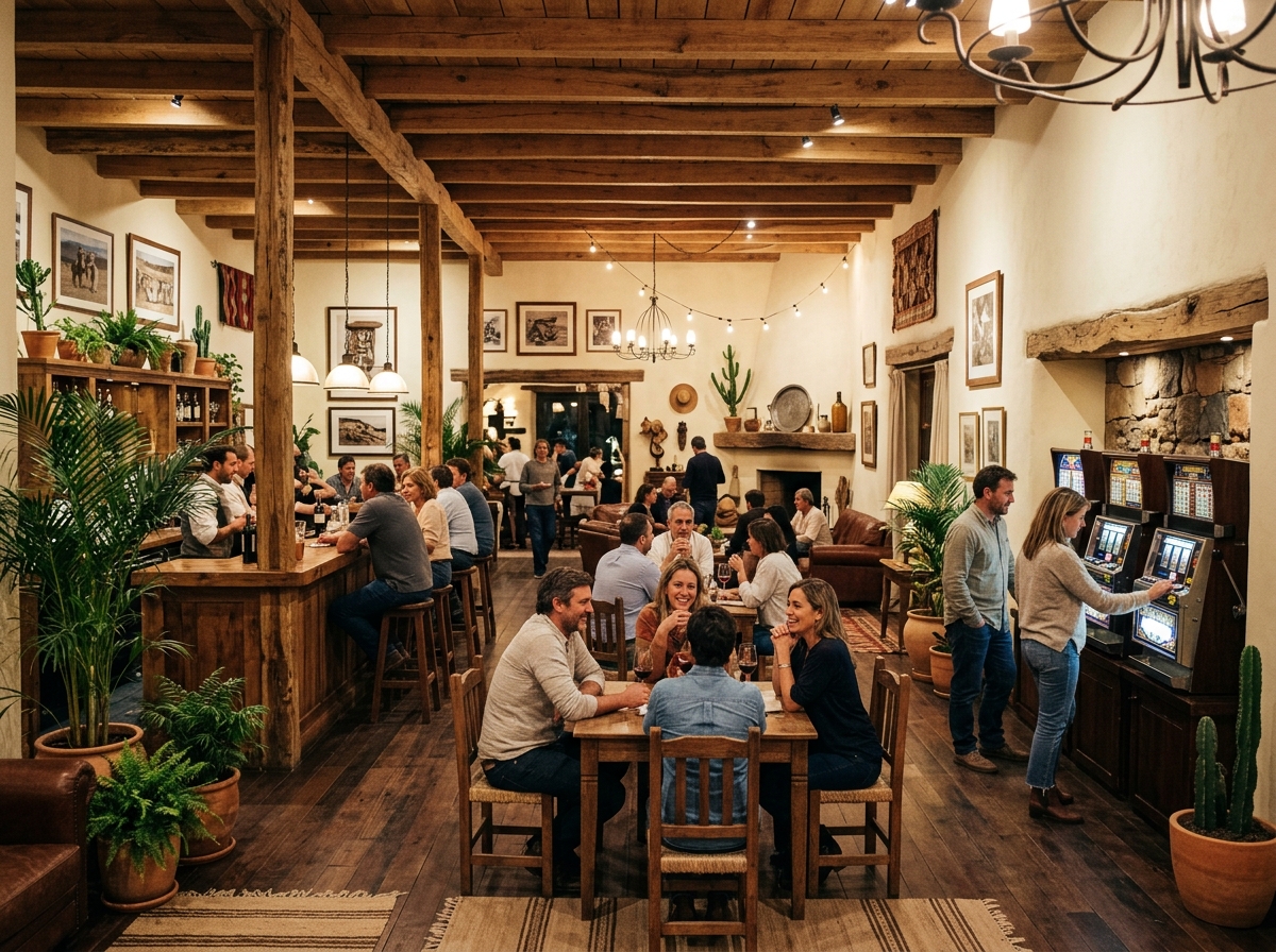 Bright estancia-inspired entertainment hall interior